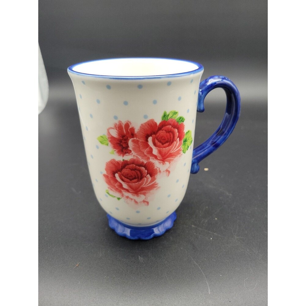 Pioneer Woman Heritage Floral Red Roses Blue Polka Dots Coffee Mug Oversized